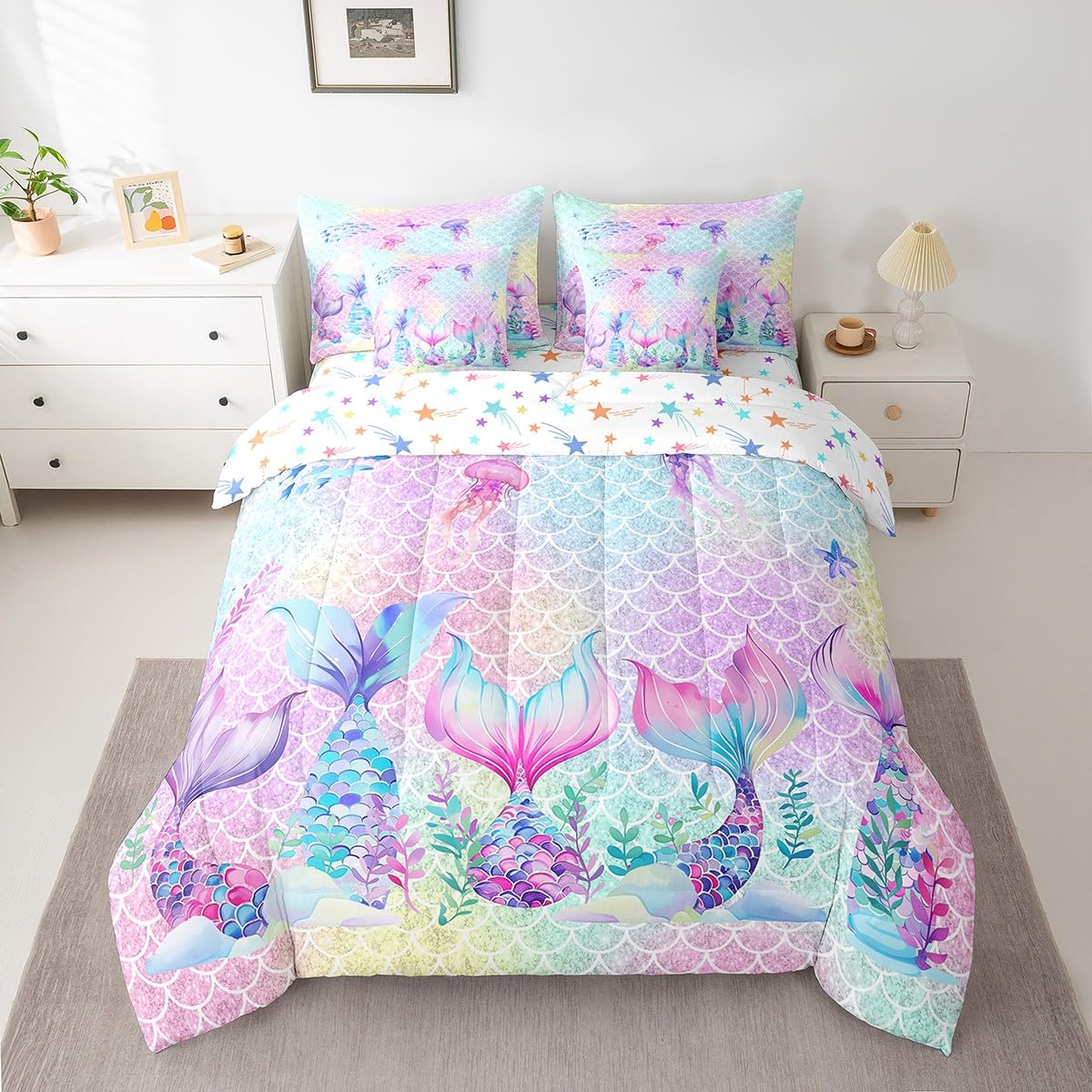 jejeloiu Mermaid Comforter Set with Sheets Queen Size Kids Sparkle Fish Scales 7 Pieces Bedding Set for Boys Girls Teens Ombre Ocean Marine Bed in a Bag Breathable Princess Decor Bedroom Decor