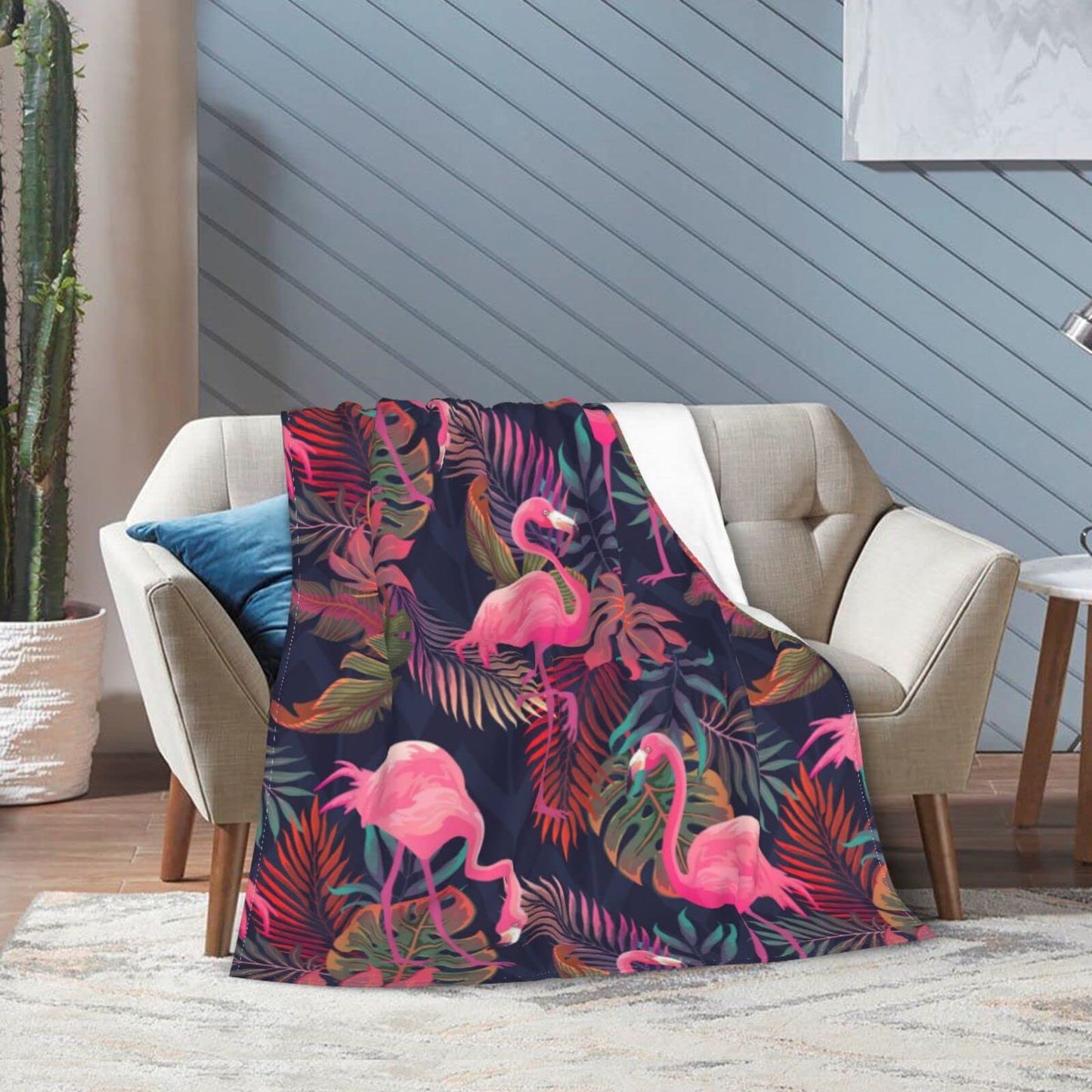 Perinsto Tropical Flamingos with Palm Leaves Throw Blanket Ultra Soft Warm All Season Decorative Fleece Blankets for Bed Chair Car Sofa Couch Bedroom 50"X40"