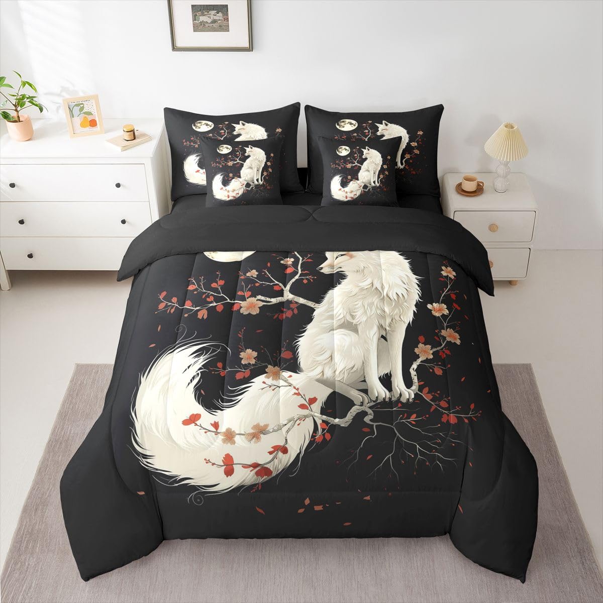 7 Pieces Twin Size White Fox Comforter Set,Japan Ukiyo-e Cherry Blossom Bedding Set for Boys Girls,Exotic Animal Rustic Farmhouse (Comforter+Fitted+Flat Sheet+2 Pillowcases+2 Throw Pillow Covers)