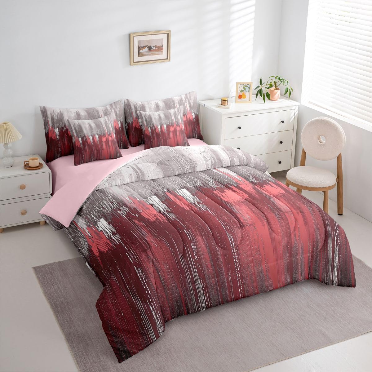 Erosebridal Greyish Gradient 7 Piece Bedding Set Queen White Rosy Comforter Set with Sheets Chic Abstract Art Graffiti Modern Bed in a Bag Farmhouse Ombre Vintage Retro for Teens Men Women