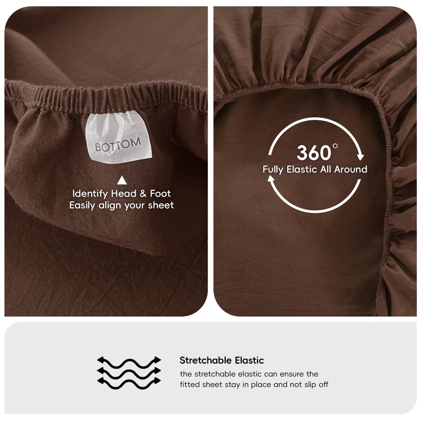 MooMee Fitted Bottom Sheet Only 100% Washed Cotton Linen Like Textured Breathable Durable Soft Comfy Deep Pocket Fits Mattress up to 17" (Cocoa Brown, Queen)