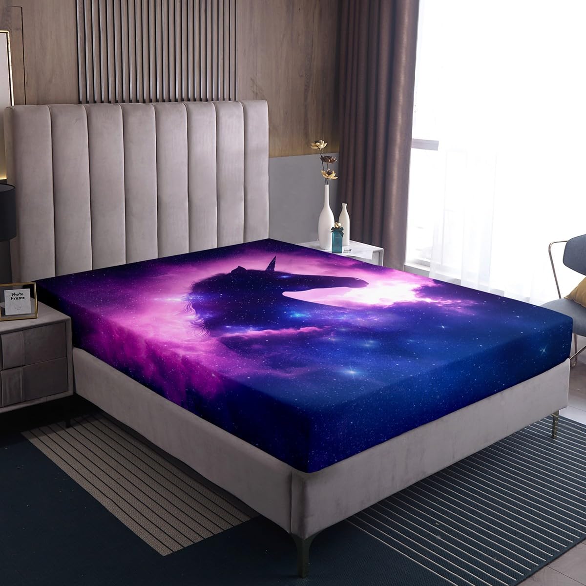 Erosebridal Unicorn Fitted Sheet Twin Size, Galaxy Bed Sheets, Starry Sky Horse Bedding Set for Kids Boys Girls, Modern Fashion Soft Breathable Home Room Decor, Purple