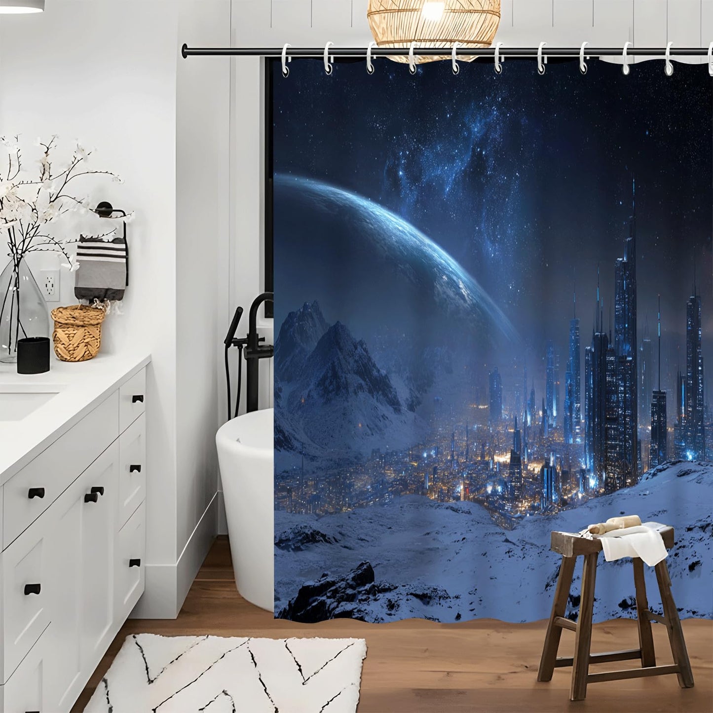 ZROLUW Blue Starry Sky Shower Curtain,48" W x 72" L Snow Mountain City Landscape Shower Curtains for Bathroom, Fabric Bath Curtain Sets Decor with Hooks