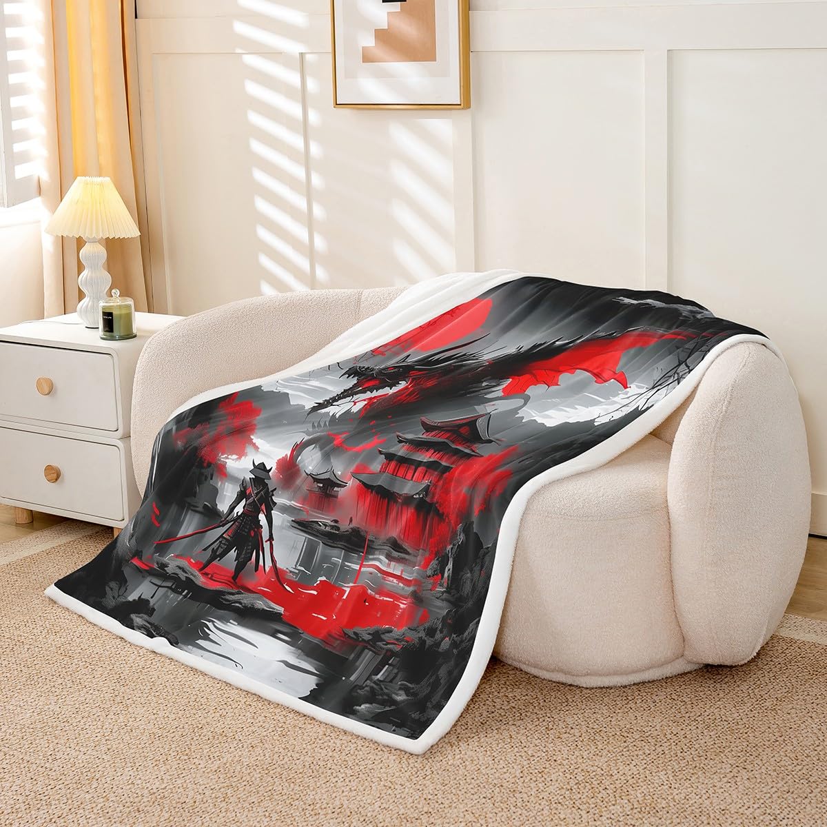 Erosebridal Japanese Style Twin Size Fuzzy Plush Throw Dragon Fleece Blanket Magical Animals Sherpa Blanket Western Wildlife Theme Decor for Sofa Couch for Boys Kids Adult Bedroom