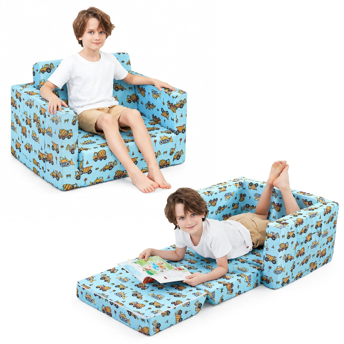 Viviland Toddler Chair, 2-in-1 Kids Couch Bed, Toddler Chairs Comfy 1-3 Years Old Fold Out Convertible Soft to Lounger, Blue Excavator Truck Baby Couch