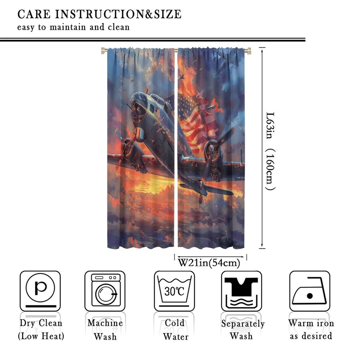TOWINSFB American Flag Airplane Blackout Curtains, Retro Sunset Aircraft USA Patriotic Home Decor Rod Pocket Window Drapes for Living Room Bedroom - 2 Panels, Each 21" W x 63" L