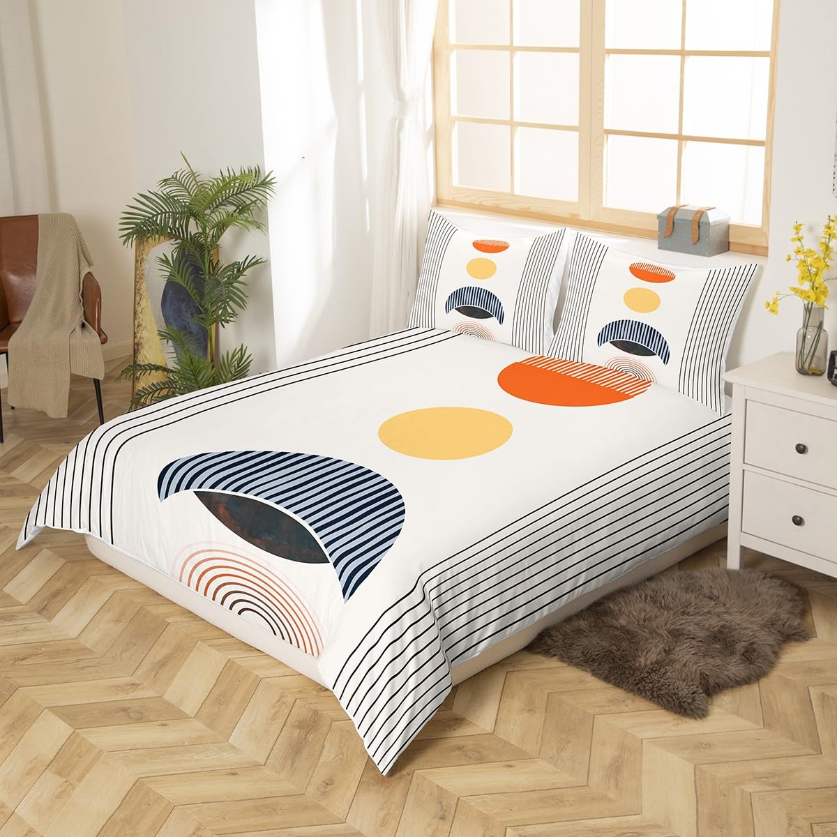 Erosebridal Modern Moon Print Bedding Sets Queen Mid Century Comforter Cover, Abstract Art Bed Set Geometric Stripe Duvet Cover, Aesthetic Quilt Cover (Zipper Closure)