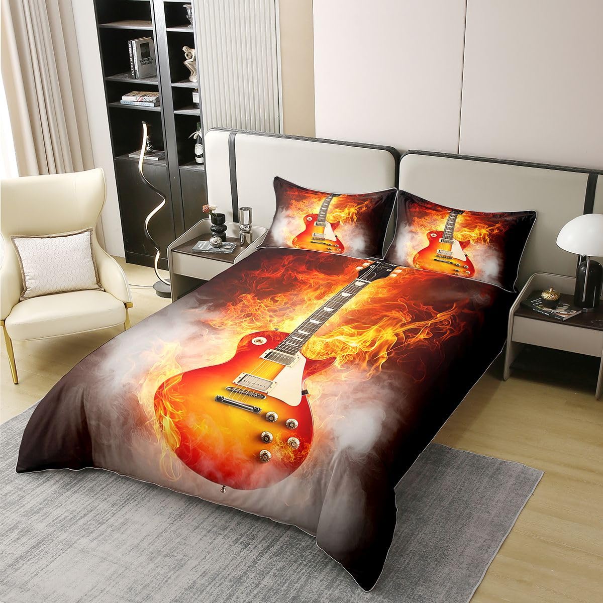 100% Cotton Guitar Comforter Cover Twin Size Rock Music Duvet Cover Electric Guitar Bedding Set Flame Pattern Quilt Cover for Kids Boys Girls Teens Young Man, Brown Bedroom Living Room Decor