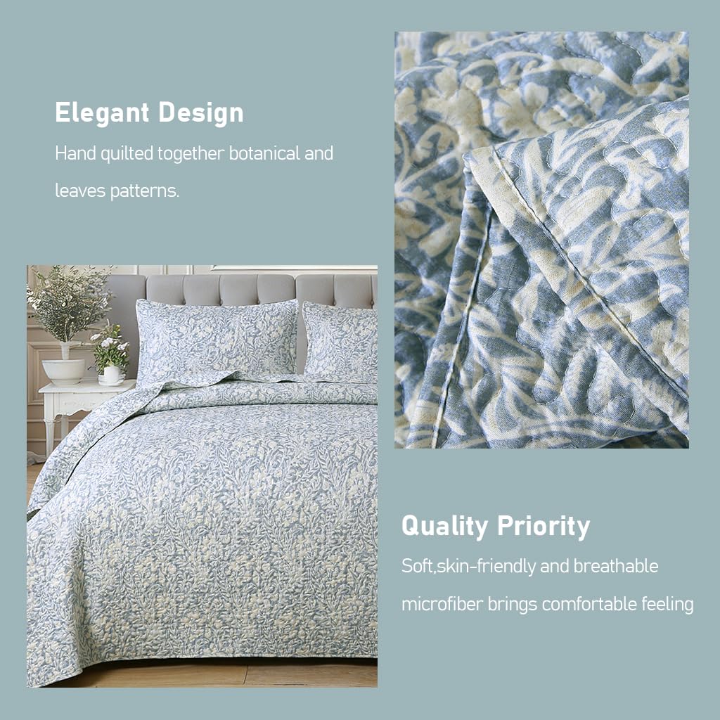 DURLENGEN Botanical Quilt Set King Size 3Pcs, Bluish Grey Printed with Beige Leaves Pattern,Soft Polyester Lightweight Bedspread for All Season Layering(King 106x96,Beige Botanical)