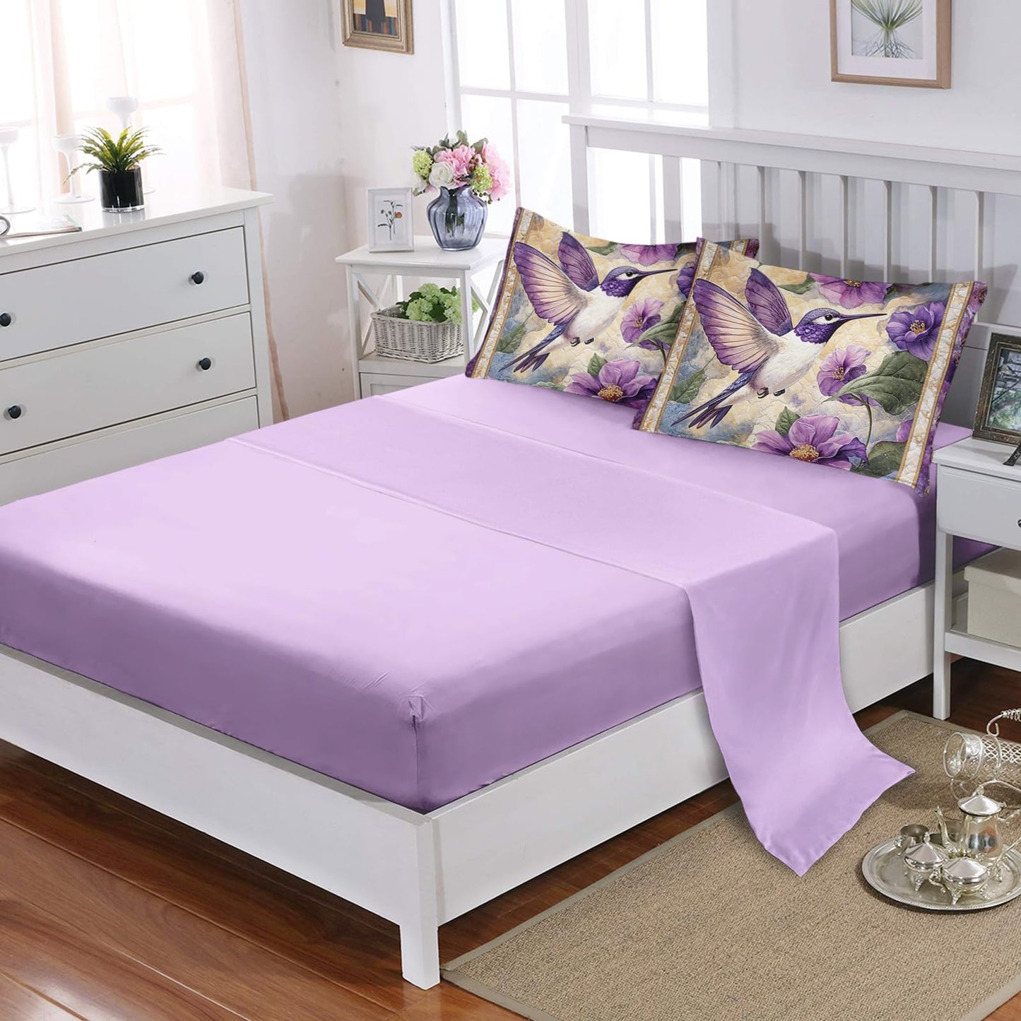 AILONEN Beautiful Hummingbird Bed in a Bag Queen Size - Purple Flower Bird Theme - 3Pcs Soft Microfiber Boho Comforter for Girls Women - (Sheets,Pillowcases)