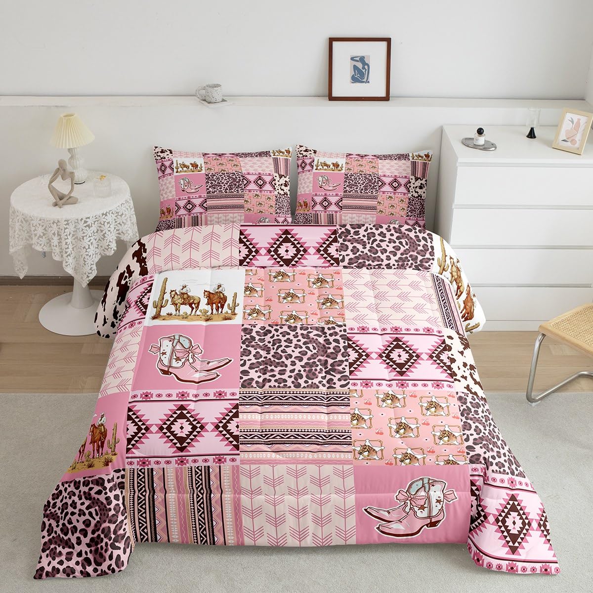Feelyou Pink Aztec Bedding Set Full Size, Kids Western Decor Comforter Set Wild West Cowboy Cowgirl Comforter Boho Style Duvet Insert Bed Set 3Pcs