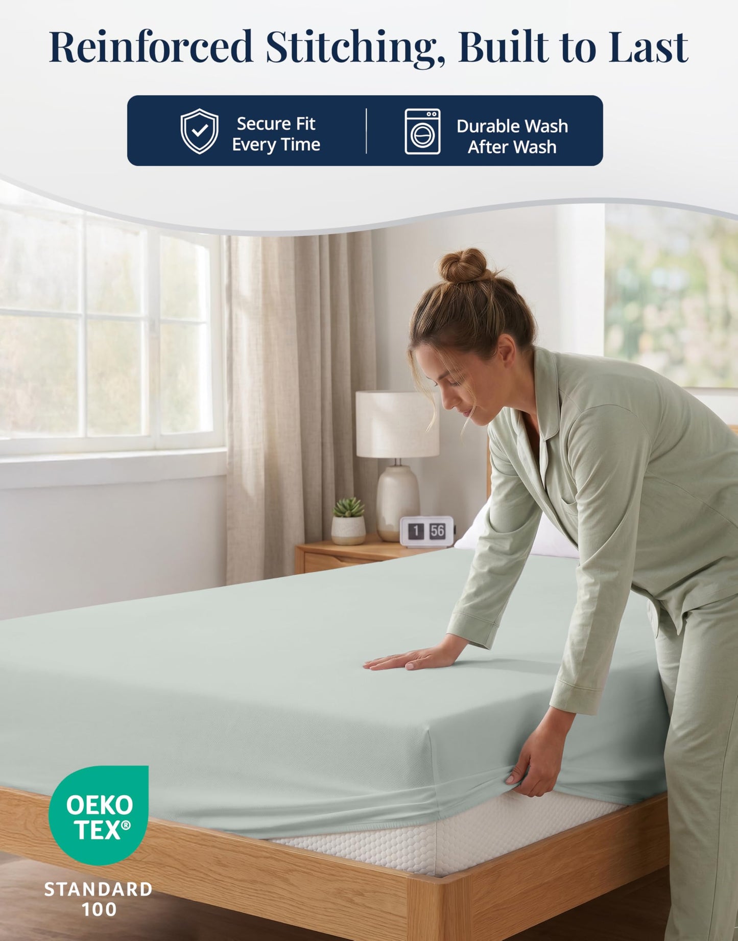 Fitted Full Sheet Only - Jersey Knit, 4 Way Strong Elastic Hem - Deep Pocket Cover, Designed for Mattresses Upto 15" Thick – Supports a Restful Sleep - Ultra Soft, Machine Washable & Durable - Mineral
