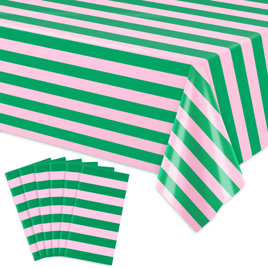JarThenaAMCS 6Pcs Stripe Plastic Tablecloth Disposable Table Cloth Pink Green Rectangle Table Cover for Birthday Baby Shower Wedding Party Picnic Supplies, 54 x 108 Inch