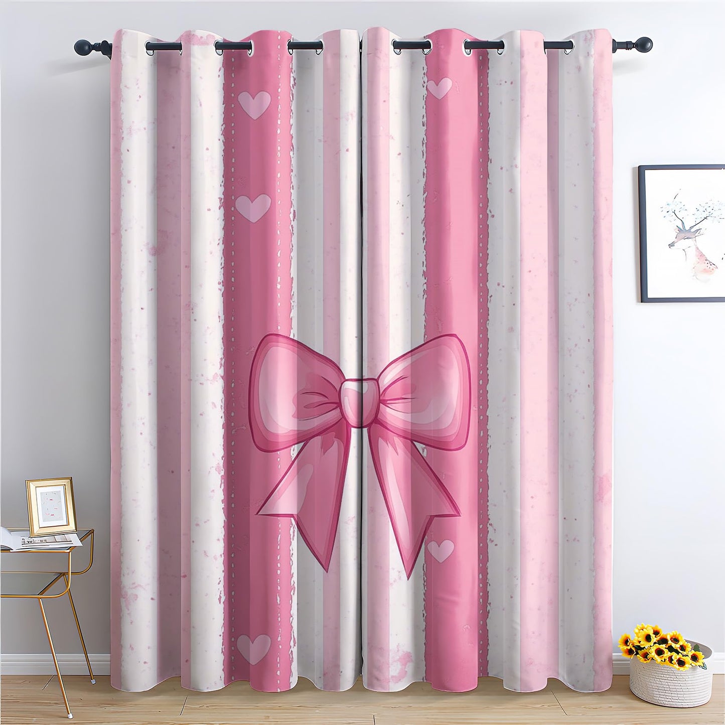Fizzenobia Pink Bow Blackout Curtains for Bedroom Living Room, Thermal Insulated Room Darkening Grommet Drapes, Girls Bowknot Window Curtains & Home Decor, 54 Inch Curtains 2 Panel Set