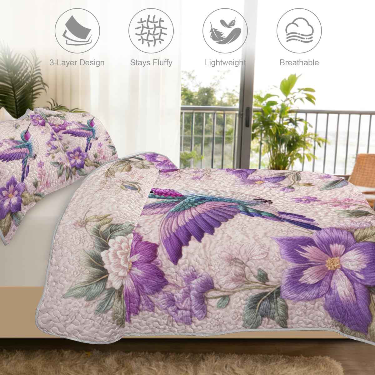 ARIGHTEX Flower Bird Quilt Set Queen Size Purple Floral Hummingbird Bedding Set Lightweight Botanical Quilt Soft Microfiber Bedspread Elegant Spring Coverlet Set with Pillow Shams