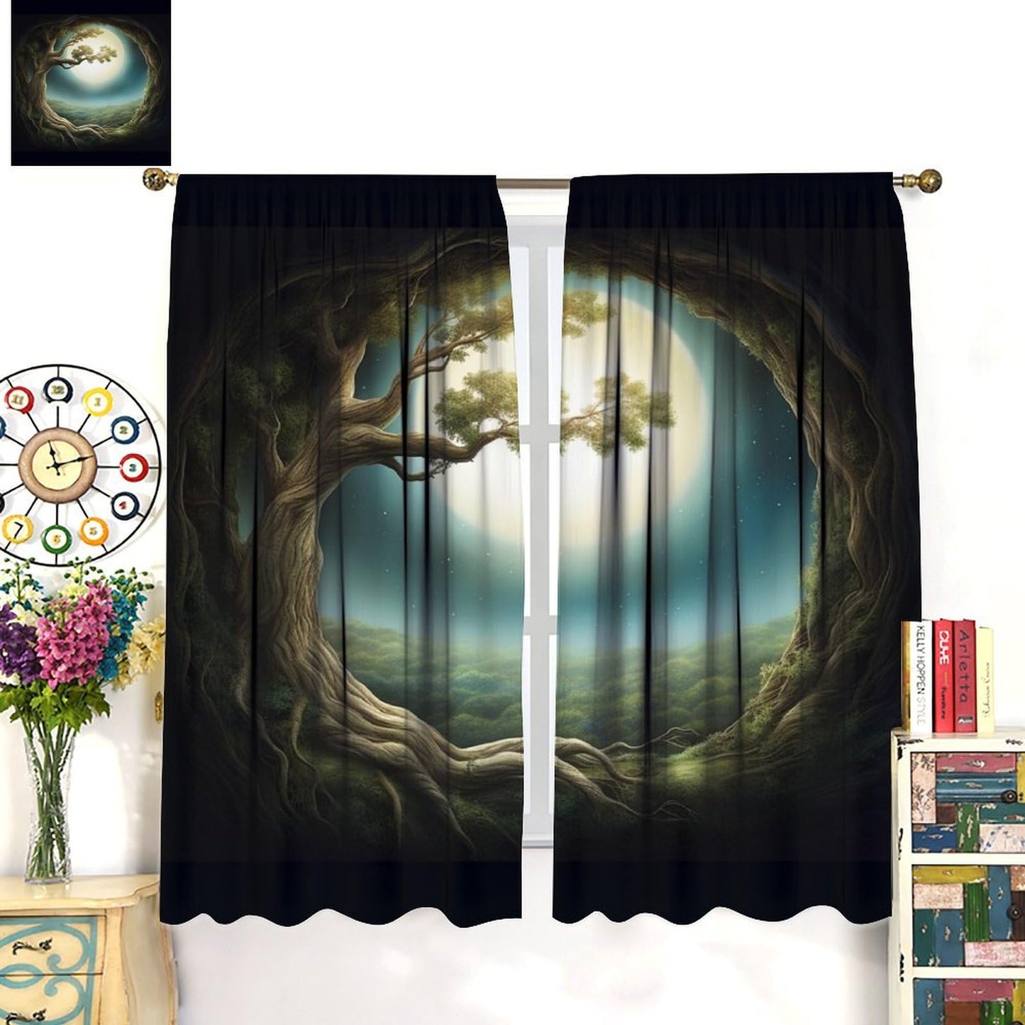 Fantasy Forest Blackout Curtains - Magic Forest Trees Trunk Bright Moon Stars Theme Print Grommet Dr for Kids Boy Girl Baby Bedroom Nursery Living Room Decor Window Drapes 2 Panels 42x45 Inch