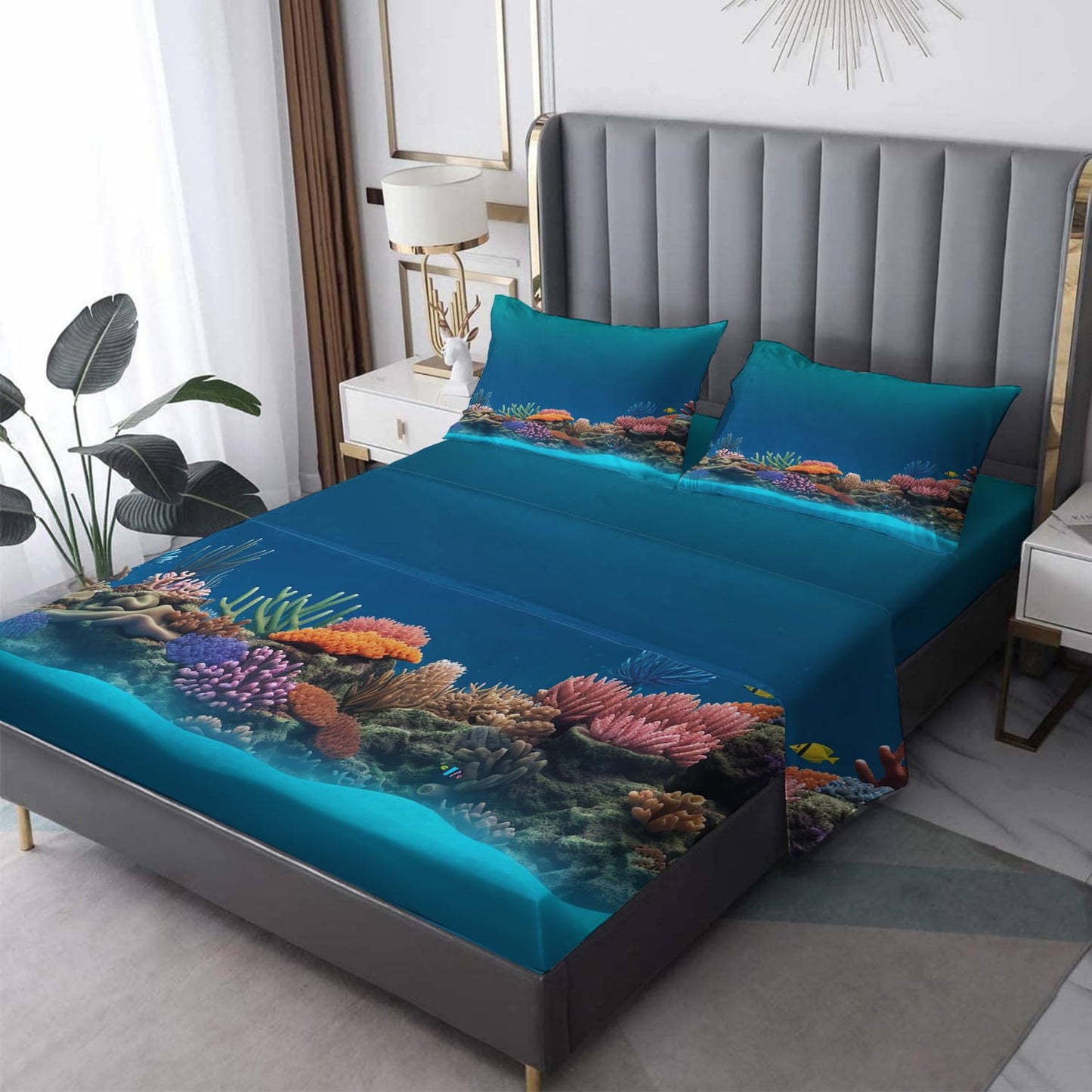 THYUNQ Underwater Sheets Queen Size Bed, Ocean Pattern Sheet Set & Bedroom Decor - 16 Inch Deep Pocket, Super Soft Microfiber Bedding Sheets & Pillowcases 4 Piece