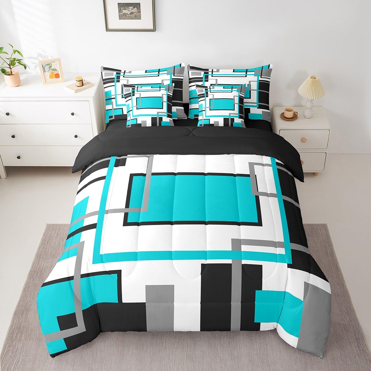 Erosebridal 7Pcs Teal Black White Geometric Abstract Twin Size Comforter Set,Modern Square Striped Bed in A Bag,Boho Bedding,Minimalist Contemporary Art Aesthetic Quilt Set with Pillowcases
