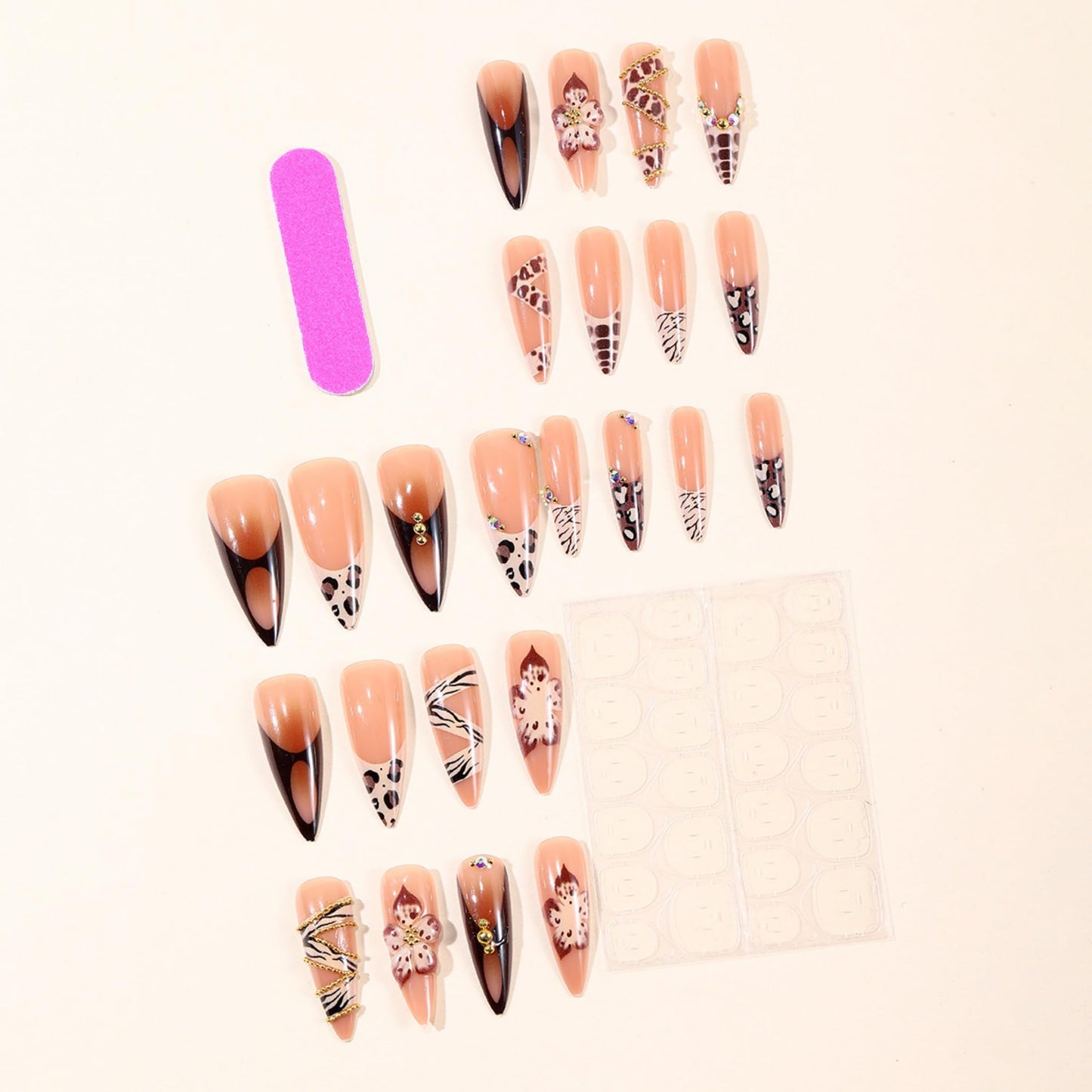 Long Press on Nails Almond Fake Nails Brown Acrylic Nail Press ons SEENEEY 3D Flowers and Gold Charm Designs Leopard Stick on Nail for Women 24pcs