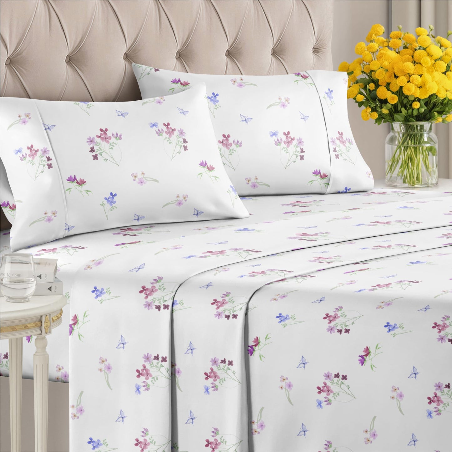 Floral Sheets - Butterfly Floral Bed Sheet Set - 1 Flat, 1 Fitted & 2 Pillowcases w/ Deep Pockets - Wrinkle & Fade Free - Boho Botanical Bedding - Ultra-Soft, Breathable and Cooling - Queen Size Set
