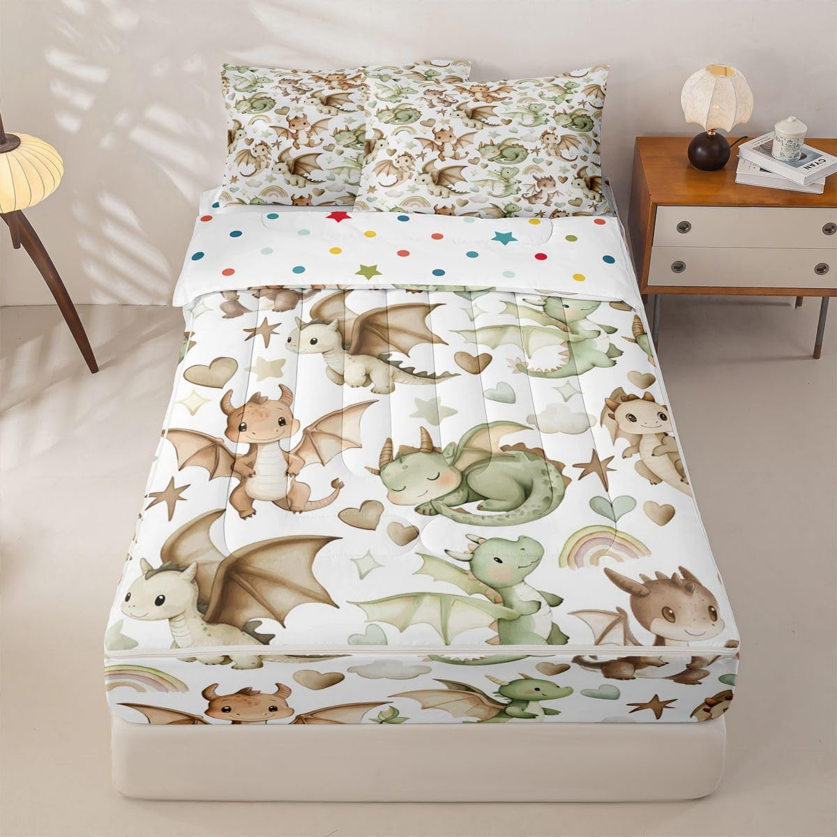 Erosebridal Dragon Zipper Bedding Set Twin Nursery Green Brown Dragons Zip Up Comforter Set with Sheets Kids Boys Girls Cartoon Animals Bed in a Bag Stars Rainbow Heart Pattern Bed Sets