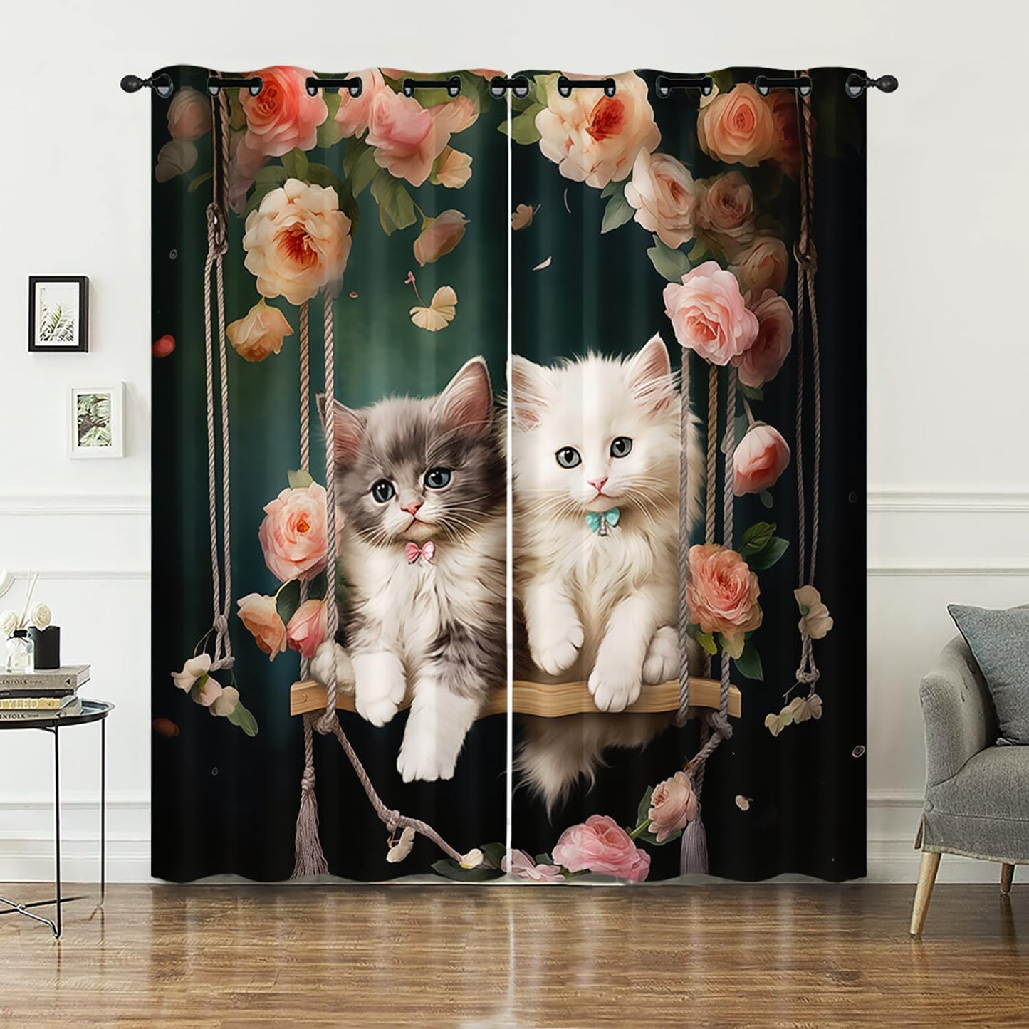 AILONEN Cartoon Beautiful Cat Window Curtains Drapes, Kawaii Kittens with Flower Curtain Tiers,Cat Lovers Animal Window Treatment for Bedroom Living Room, 38" W x 45" H 2 Panels