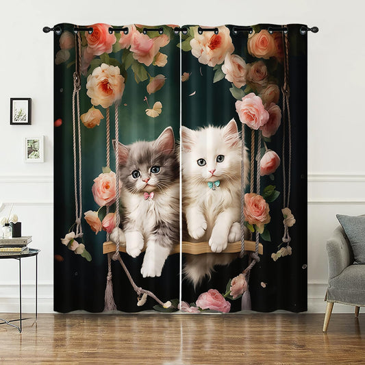AILONEN Cartoon Beautiful Cat Window Curtains Drapes, Kawaii Kittens with Flower Curtain Tiers,Cat Lovers Animal Window Treatment for Bedroom Living Room, 38" W x 45" H 2 Panels