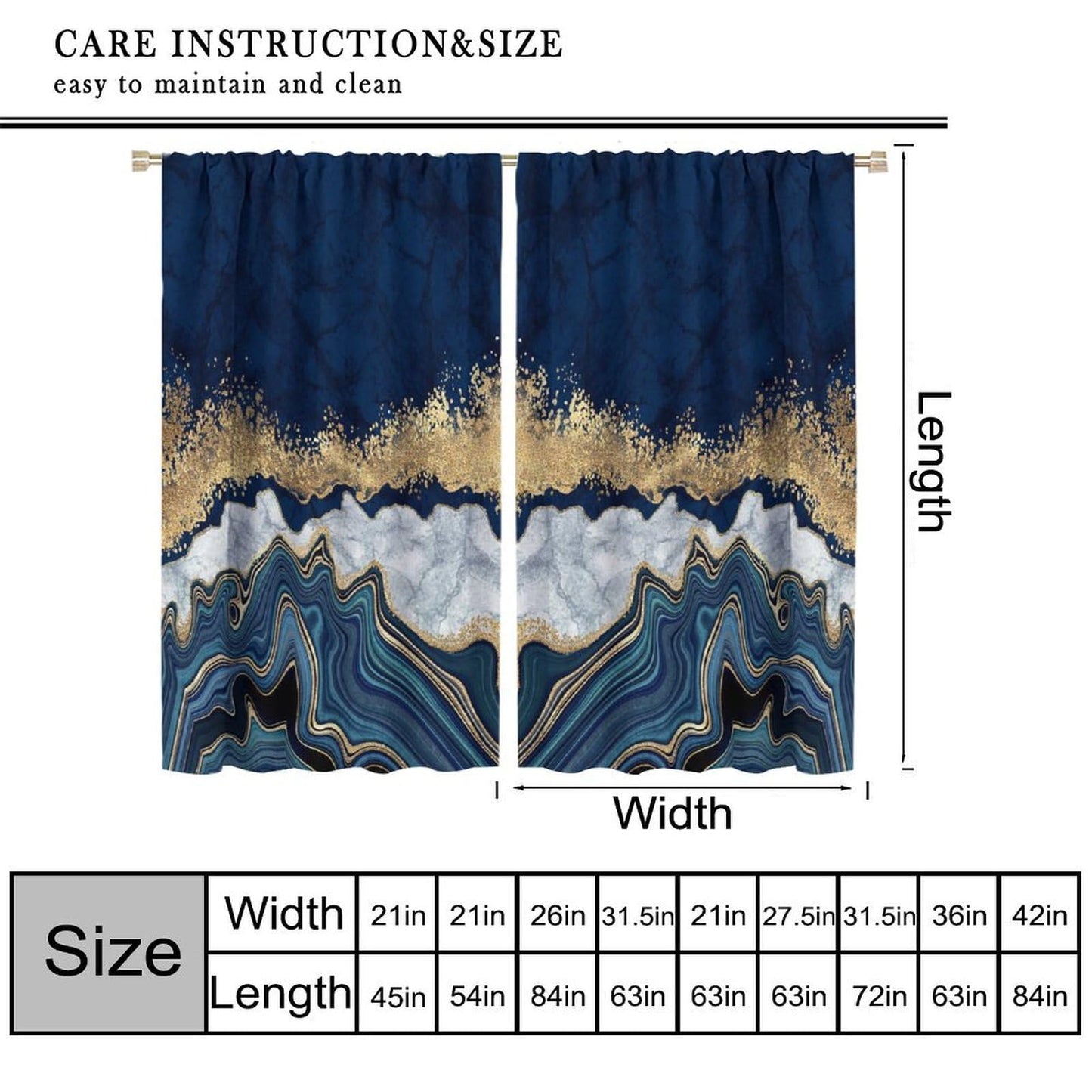 Djaby Blue Marble Curtains, Modern Luxury Gold Texture Window Curtains Drapes for Bedroom Living Room Home 42" W X 45" L(No Blackout)