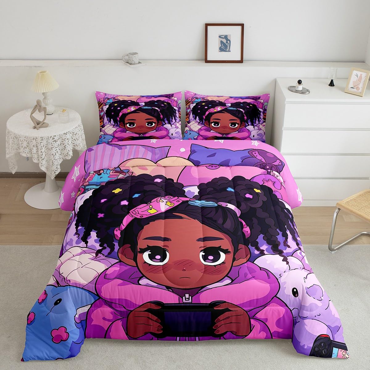 Erosebridal Black Girls Bedding Set Gaming Afro Girl Twin Comforter Set for Girls,American African Princess Magical Quilt for Toddler Kids Teenager,Cute Room Decor