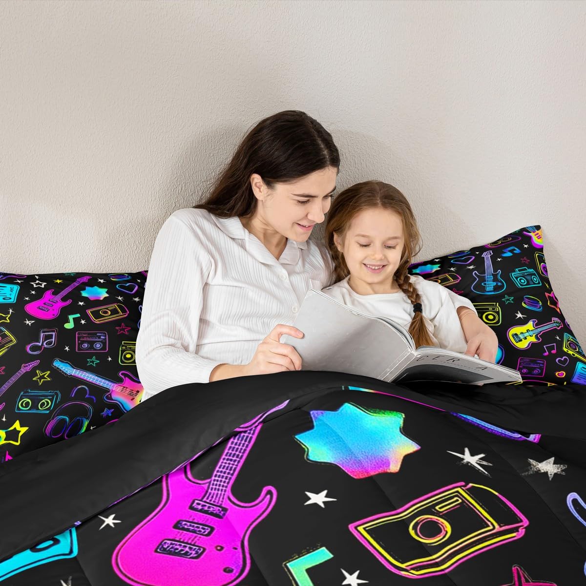 Erosebridal Music Theme Kids Comforter Sets Guitar Headphone Radio Queen Bedding Set for Boys Girls Rock Musical Instruments Comforter Set,Music Lovers Quilt Duvet 3 Pcs