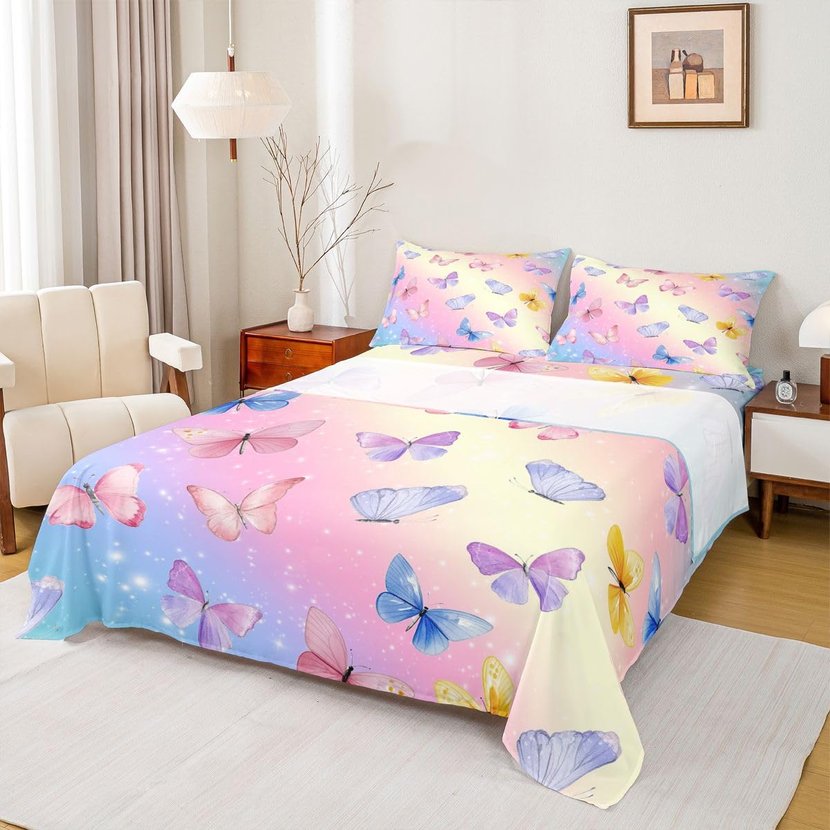 Feelyou Butterfly Bed Sheets Set Twin Size Rainbow Glitter Deep Pocket Fitted Sheet Pink Butterflies Print Bedding Sets Animal Soft Bed Set 3Pcs with 1 Pillow Cases