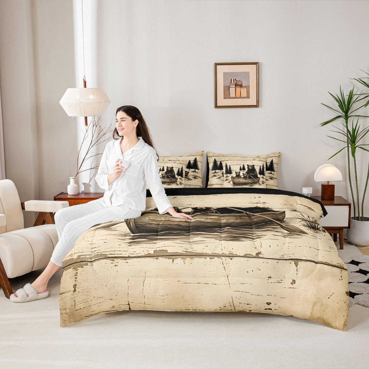 Feelyou Bear Comforter Set with Sheets 7 Piece Twin Size Rustic Cabin Country Bed in a Bag Kids Boys Girls Lake Life Bedding Set Wild Animal Bedroom Decor