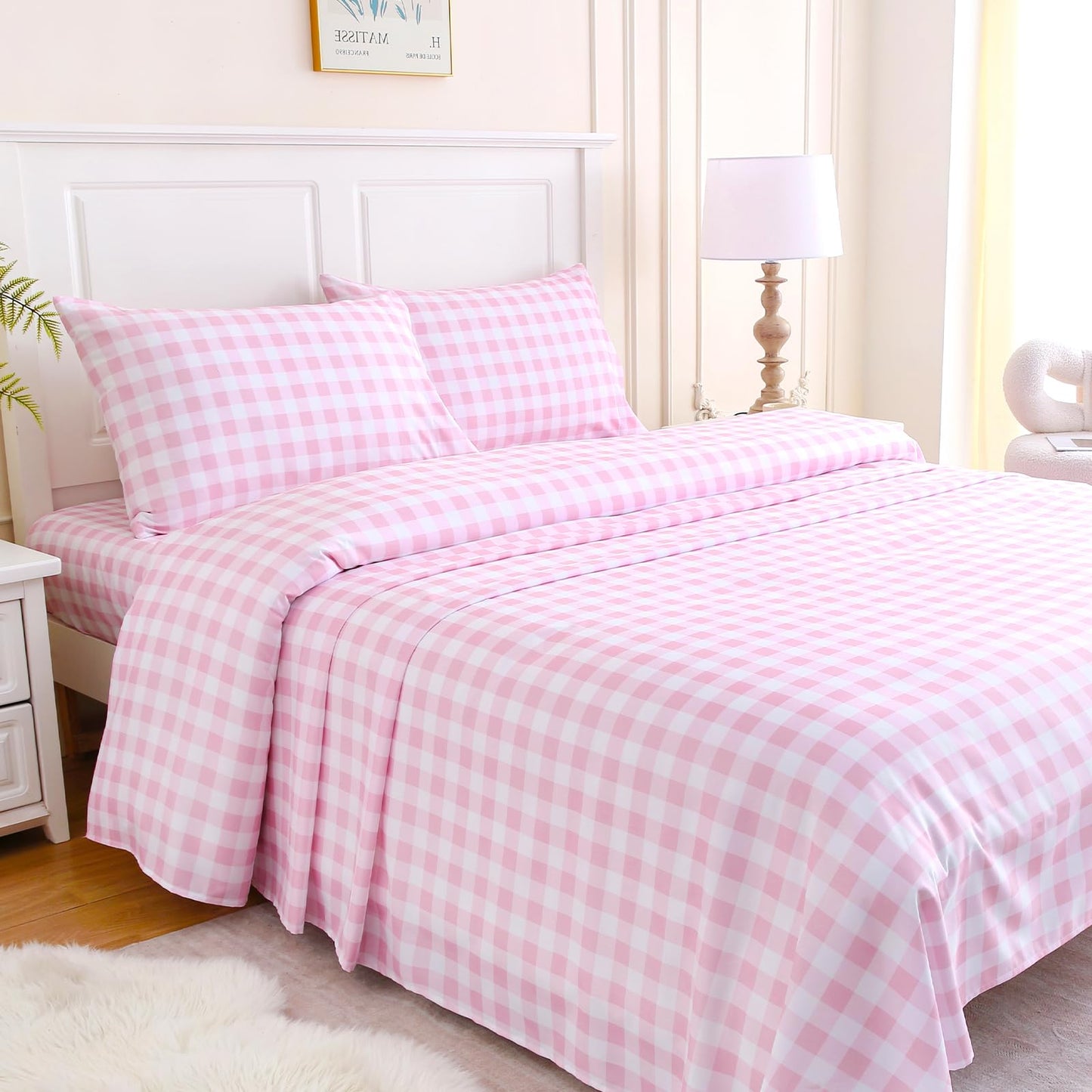 MICORAL Queen Sheet Set Pink Gingham Plaid, 4-Piece Brushed Microfiber Cute Grid Bed Sheets, 16" Deep Pocket, Ultra Soft & Cooling Sheet, Oeko-TEX Certified, Light Pink