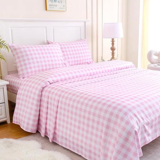 MICORAL Queen Sheet Set Pink Gingham Plaid, 4-Piece Brushed Microfiber Cute Grid Bed Sheets, 16" Deep Pocket, Ultra Soft & Cooling Sheet, Oeko-TEX Certified, Light Pink