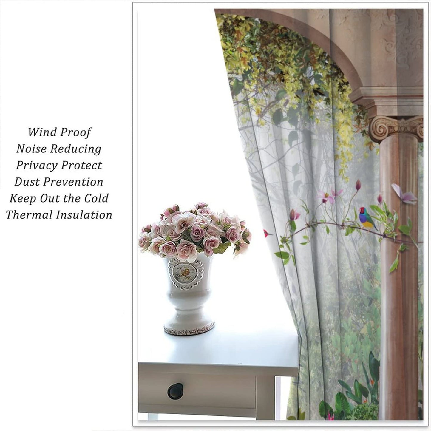 Italian Curtains,Tropical Scenery Plant Birls Arch View Room Darkening Door Window Rod Pocket Curtain for Living Room Bedroom Kitchen Bathroom W42xL45in