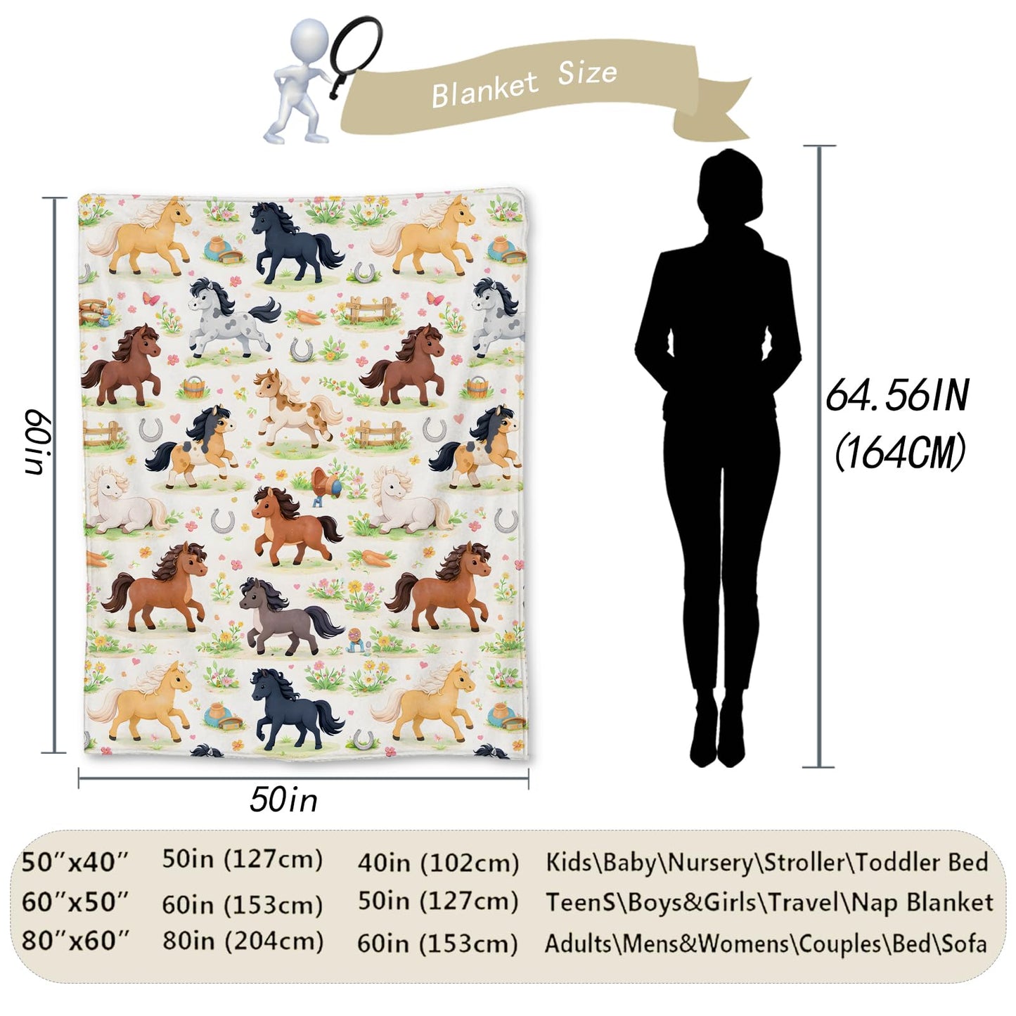 Ti Caldi Cute Horse Blanket Gifts, Flowers Horseshoes Flannel Throw Blanket for Couch, Bed, Travel & Home Decor, Cozy Lightweight Fuzzy Warm Adorable Pony Blankets for Women Girls Kids 60×50 in