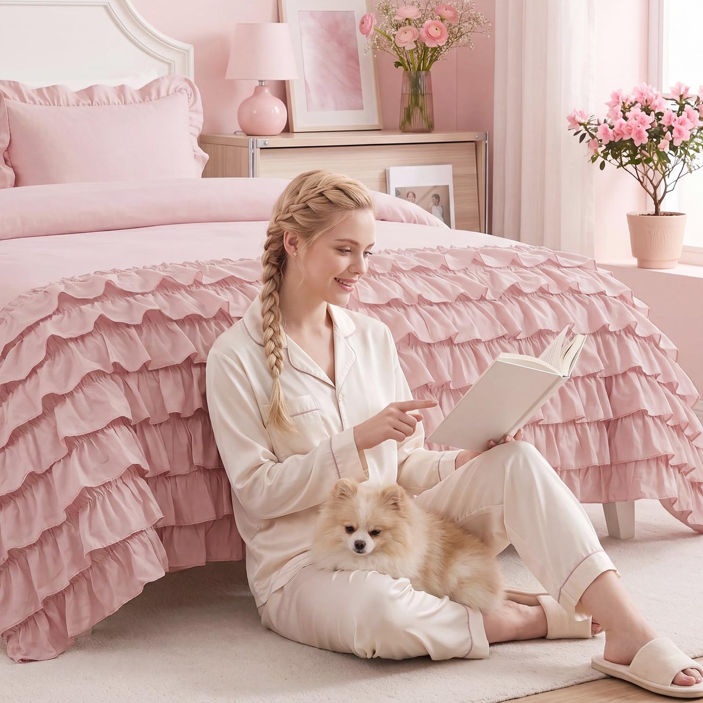 Bedorm 100% Cotton Duvet Cover Set King Pink Ruffle Bedding Set Multi-Layers Ruffled Design Shabby Chic Duvet Cover 3Pcs Soft Breathable Cotton Bed Set