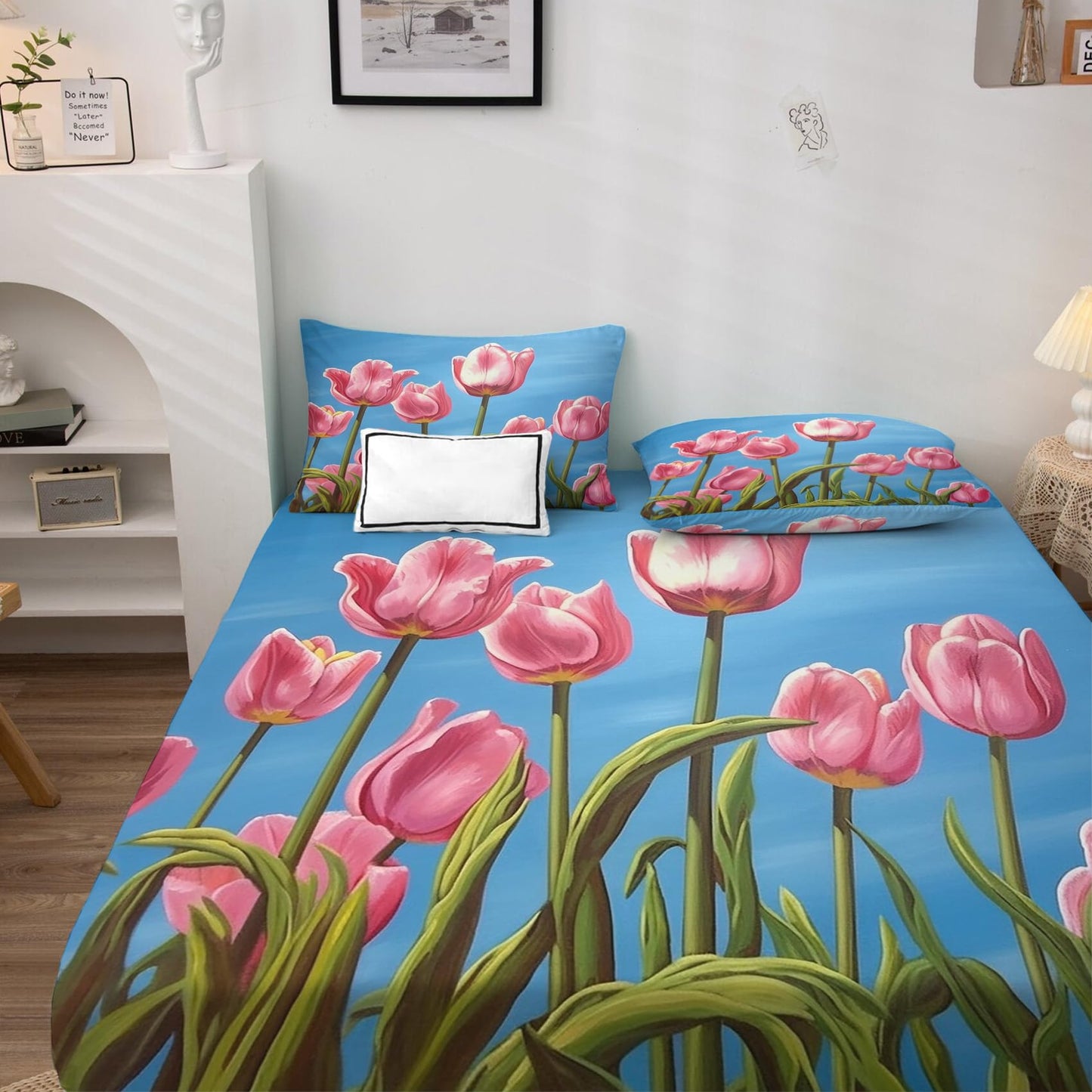 THYUNQ Tulip Flower Split King Sheets Sets for Adjustable Bed, Floral Pattern Sheet Set - 16 Inch Deep Pocket, Super Soft Microfiber Printed Bedding Sheets & Pillowcases 5 Piece