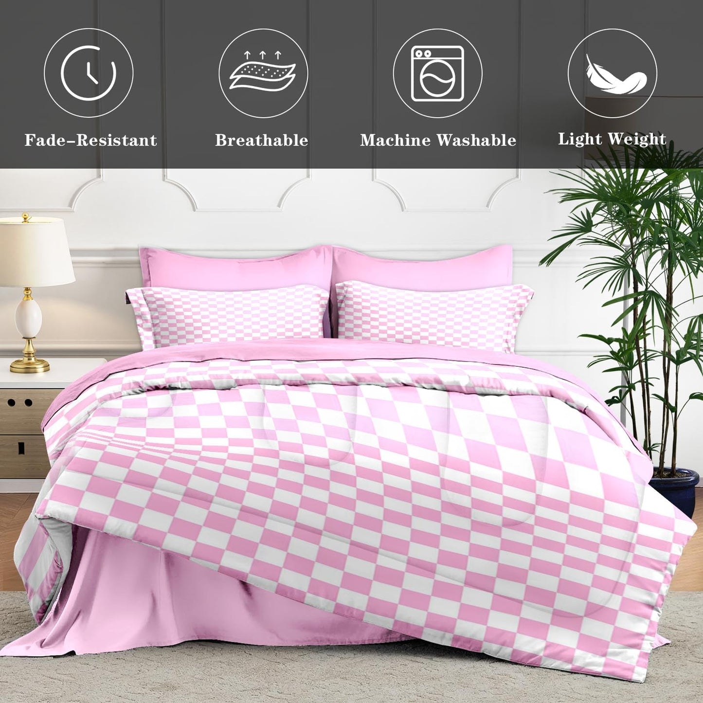 Checkerboard Grid Geometric Bean Pink Comforter Set 7 Pcs Full Size Quilt, Checkered Modern Abstract Plaid Soft Bedding Set with Flat and Fitted Sheet Pillowcases Sham for Adults Bedroom Bed Decor