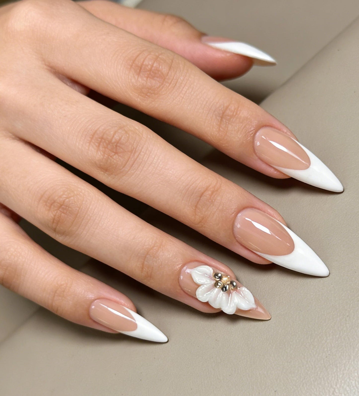 White French Press on Nails Long Stiletto False Nails with 3D Flower Designs Handmade Fake Nails Handmade Muti-Layer Gel Acrylic Full Cover Stick on Nails for Women（Size M)