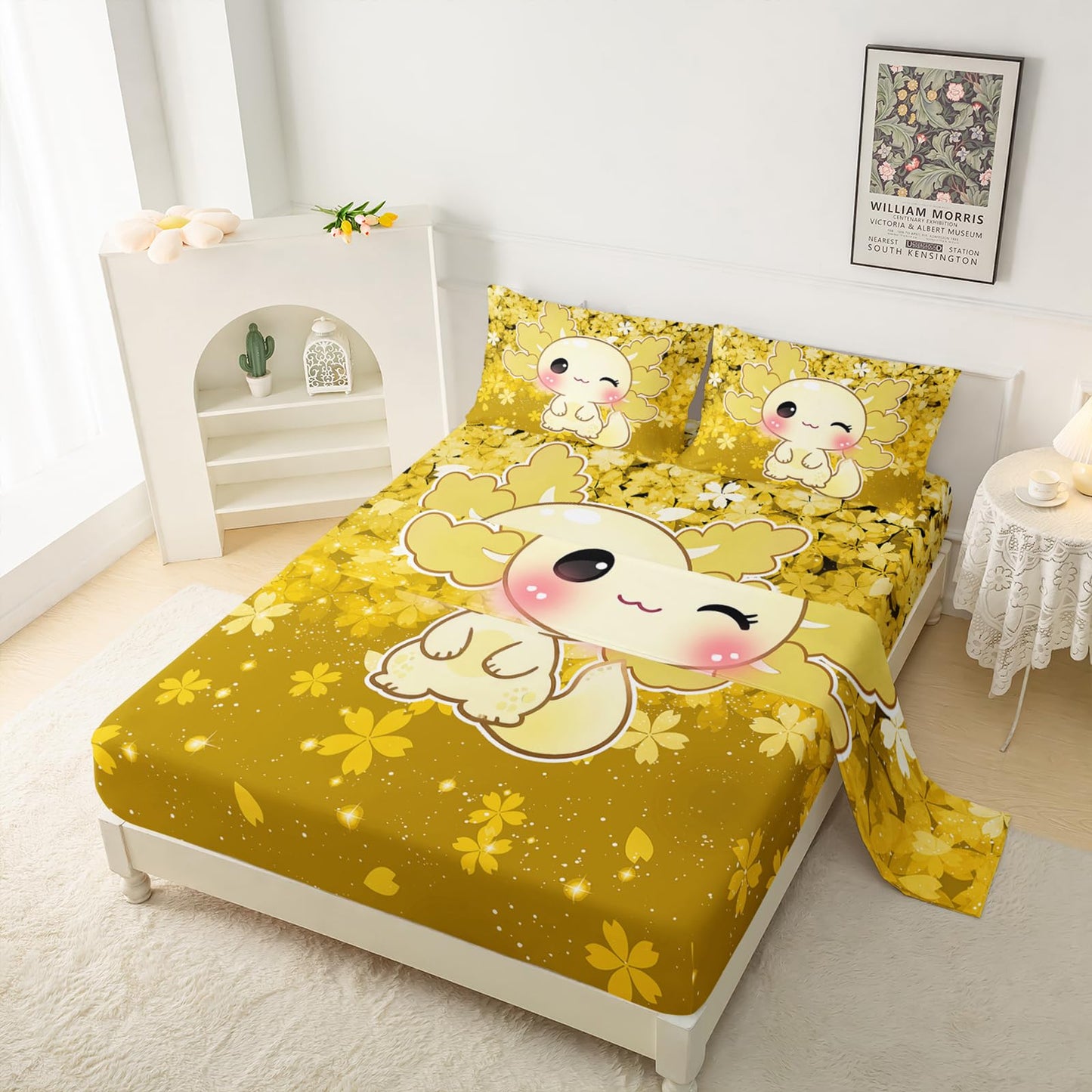 QOOMO Cartoon Animals Kids Sheet Set Queen Size,Kawaii Axolotl Print Bedding Set Lightweight All Seasons,Yellow Sets for Room Decoration,1 Fitted Sheet,1 Flat Sheet,2 Pillow Cases