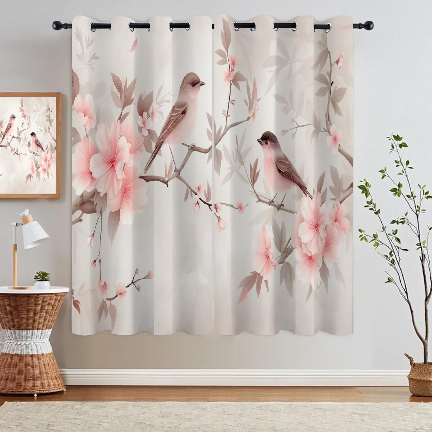 Pink Flower Branches Blackout Curtains, Cute Resting Bird 3D Print Drapes, Darkening Curtains with Top Grommet 2 Panel Drapes for Sliding Glass Door Bedroom Living Room(42" W x 63 "L)