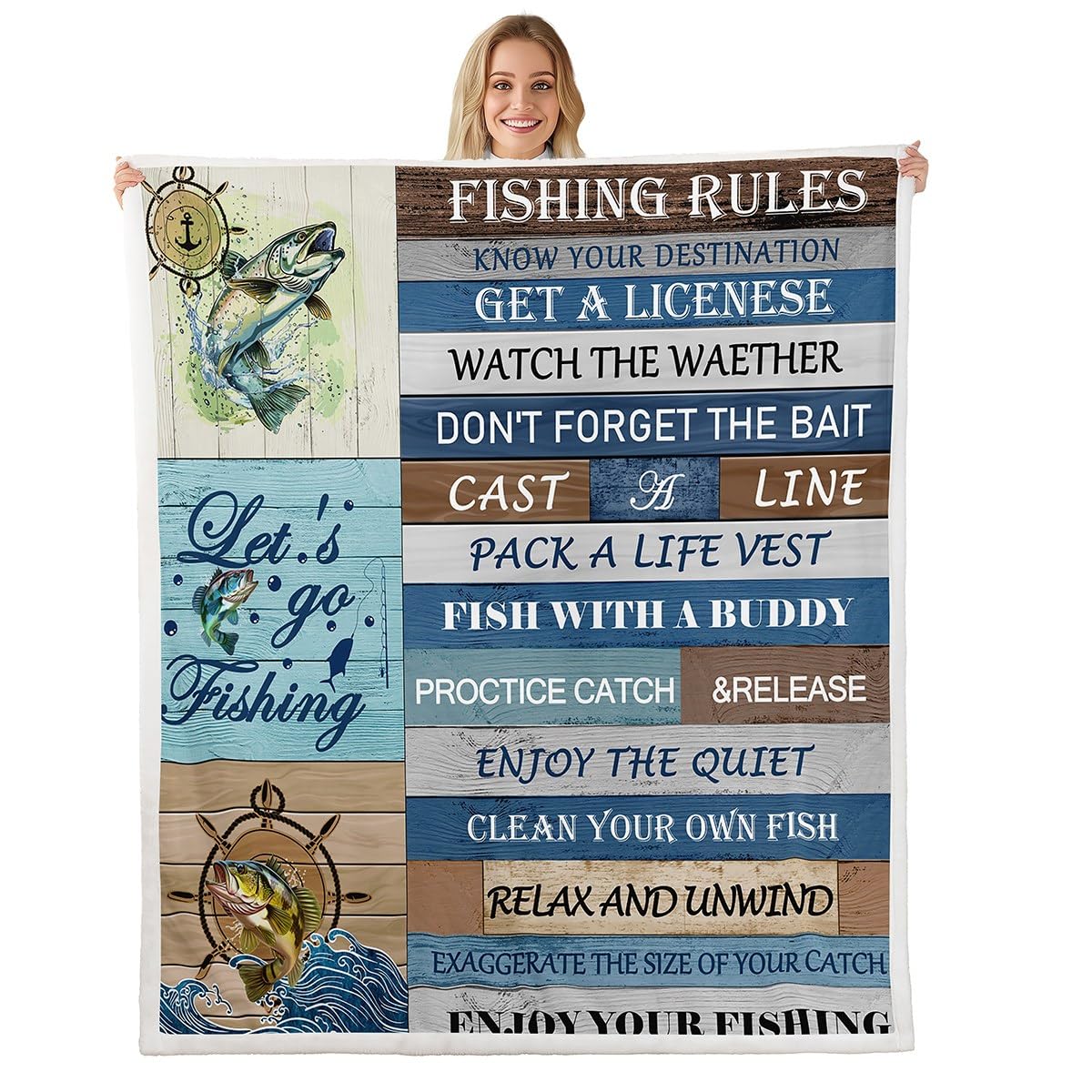 Feelyou Kids Happy Camping Fleece Throw Blanket Bass Fish Plush Blanket for Bed Sofa Couch Fishing Rules Sherpa Blanket Boys Girls Rustic Teens Bedroom Decor 40"x50"