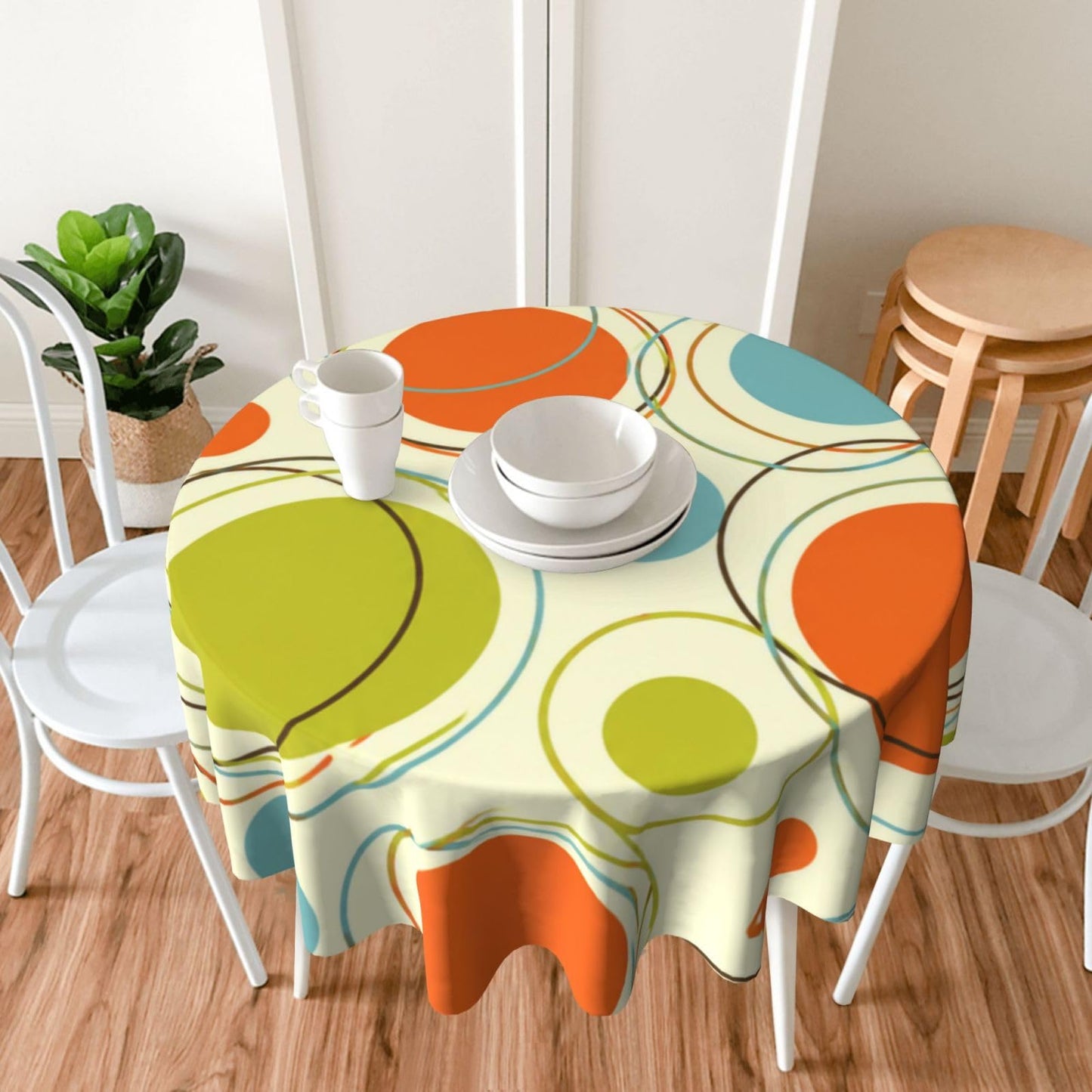 KUOAICY Retro Mid Century Tablecloth Abstract Round Table Cover Washable for Home Kitchen Dining 60 Inch