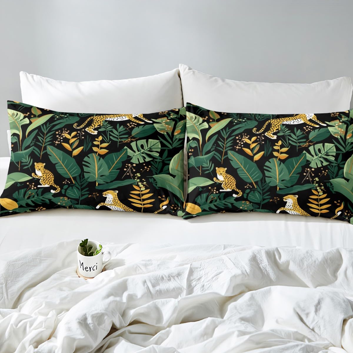 Feelyou Cheetah Fitted Sheet Queen Size Leopard Bed Sheet Set for Boys Teens Decor Tropical Leaves Bedding Set Safari Bed Cover Bedroom Animal Print Bed Set 3Pcs