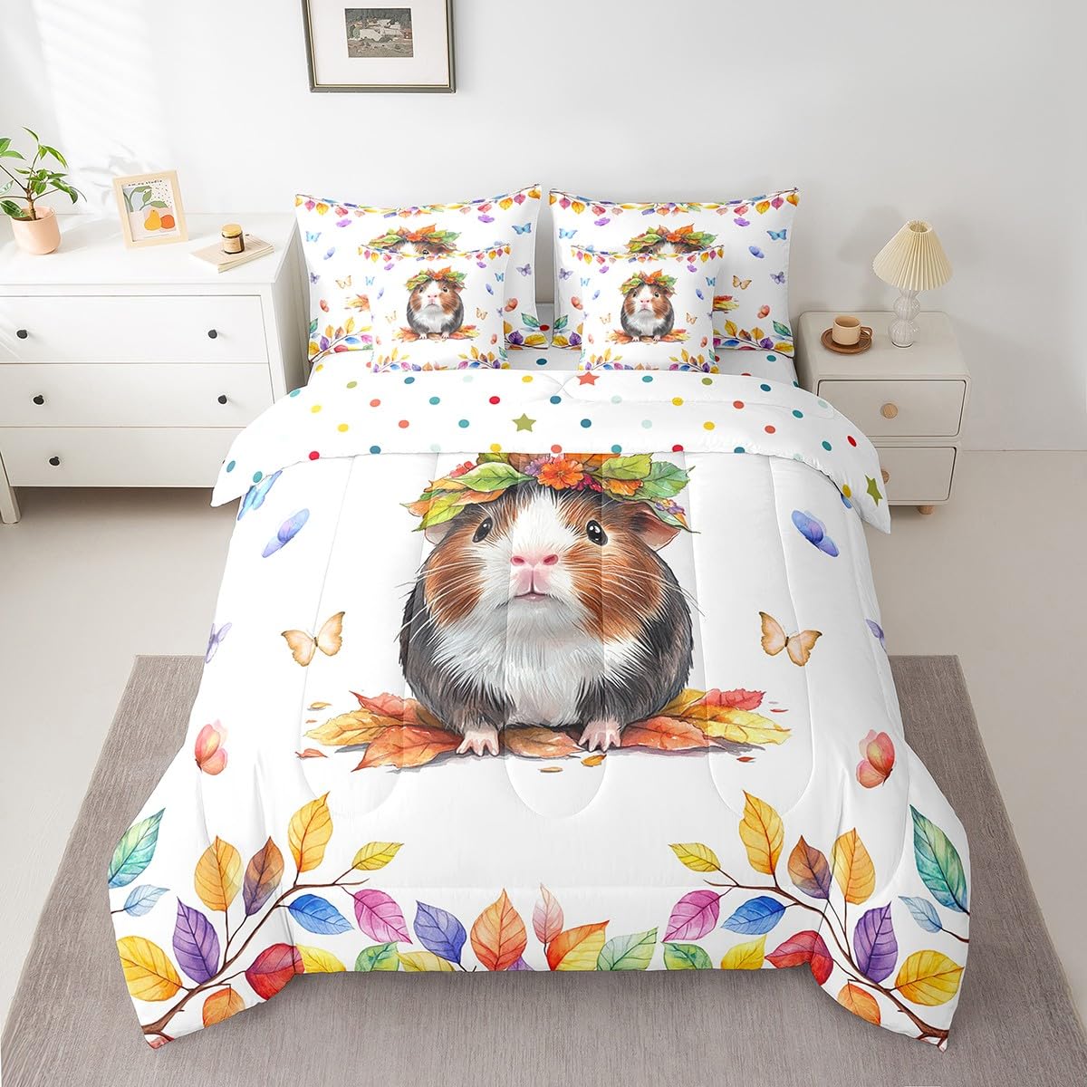 Kawaii Guinea Pig Bedding Comforter Sets 7pcs for Boys Girls Cartoon Animal Queen Bedding Sets, Colorful Butterfly Bed in a Bag Rainbow Eucalyptus Leaves Comforter Set, Cute Polka Dots Reversible