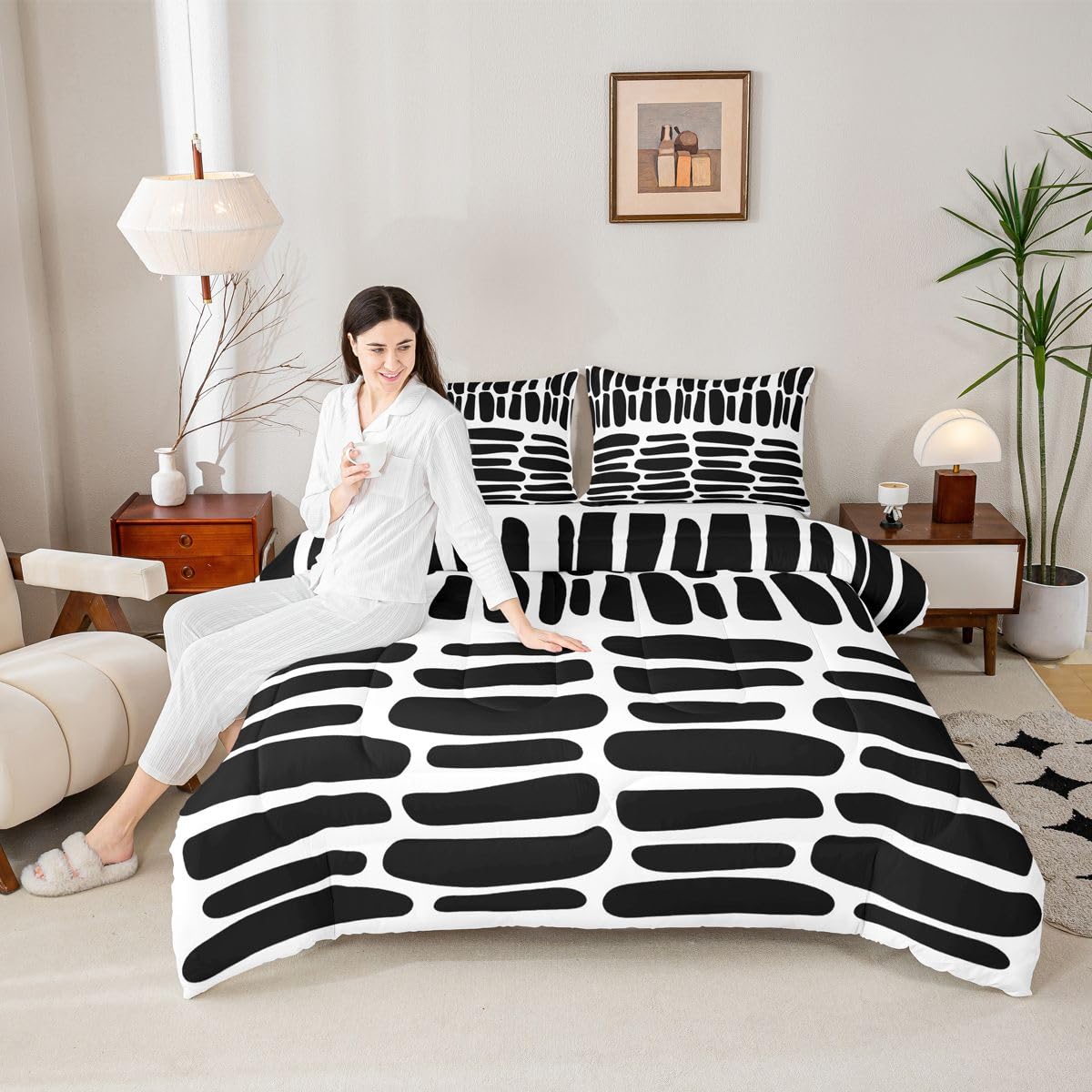 jejeloiu Modern Geometric Bedding Set Soft for Boys Girls, Black White Abstract Comforter Set Queen Size Boho Duvet Quilt Microfiber Luxury Bedroom Decor 3 Pcs with 2 Pillow Cases