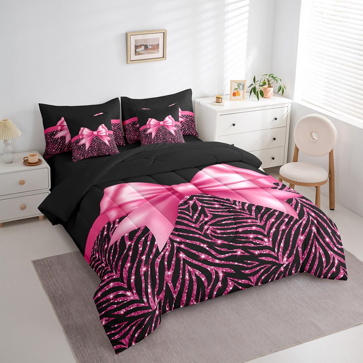 Feelyou Pink Bowknot 7 Piece Bedding Set Queen Size Glitter Print Comforter Set with Sheets for Kids Girls Adult Cute Bowknot Bed in a Bag Black Silver Bed Set