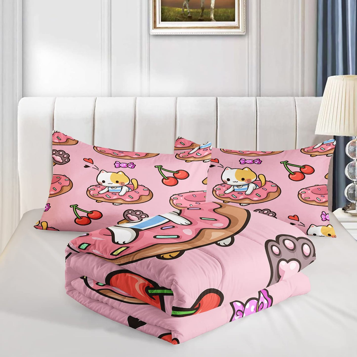QOOMO Kawaii Cat Comforter Twin Size,Doughnut Cherry Cat Comforter Set for Kids Teens Girls,3Pcs Bedding Set Printed Comforter with 2 Pillowcases,Soft and Lightweight(Pink，Twin Size)