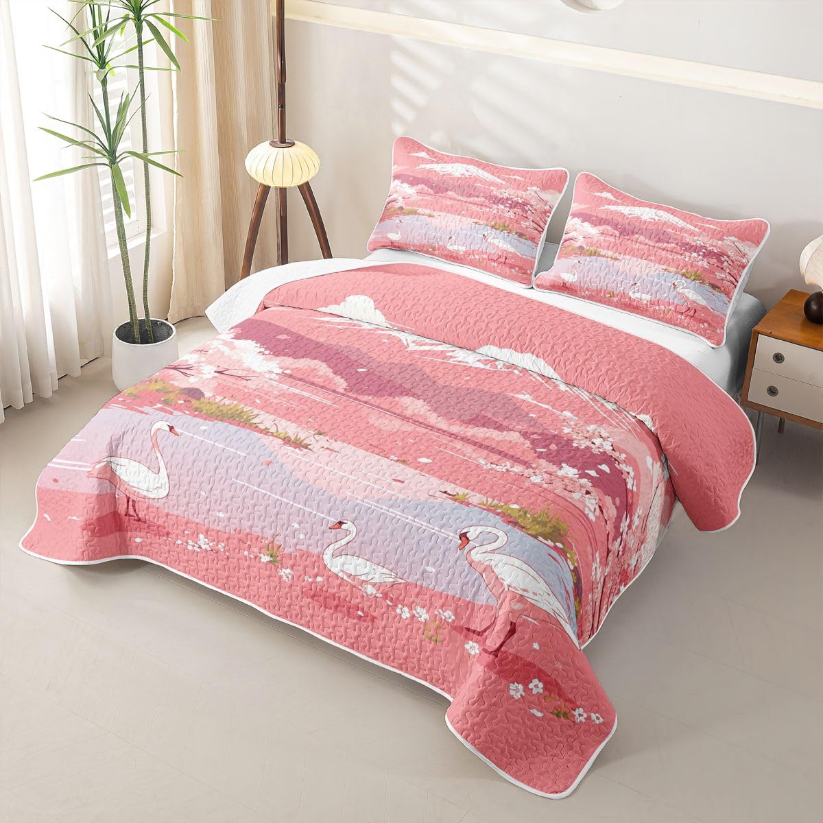 Erosebridal Japanese Cherry Blossoms Quilts Twin Size - Pink Japanese Style Bedspread Coverlet Set, Pink White Farmhouse Country Quilt Coverlets 2Pcs (Only 1 Pillowcase)